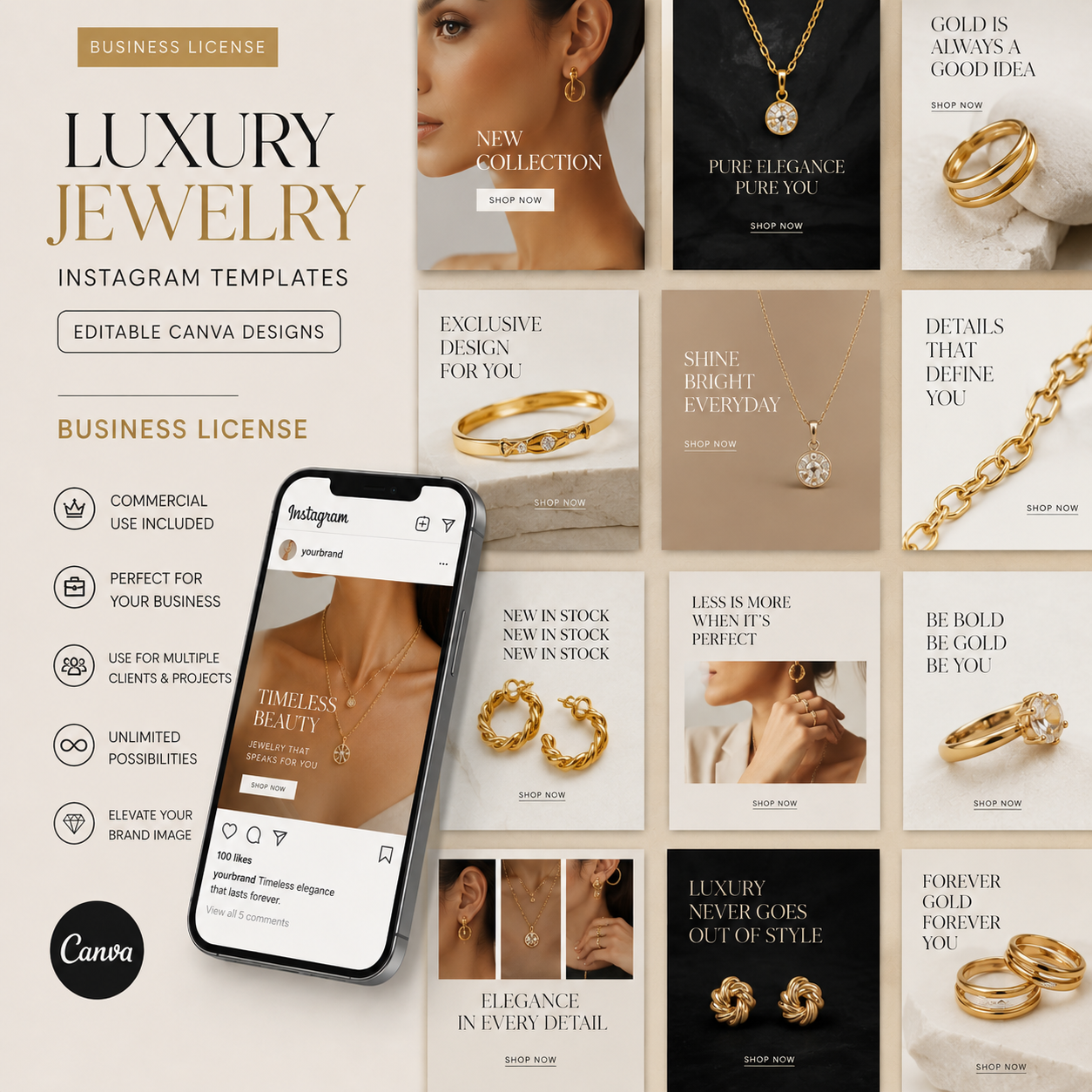 Luxury Jewelry Instagram Templates | Editable Canva Designs | Business License