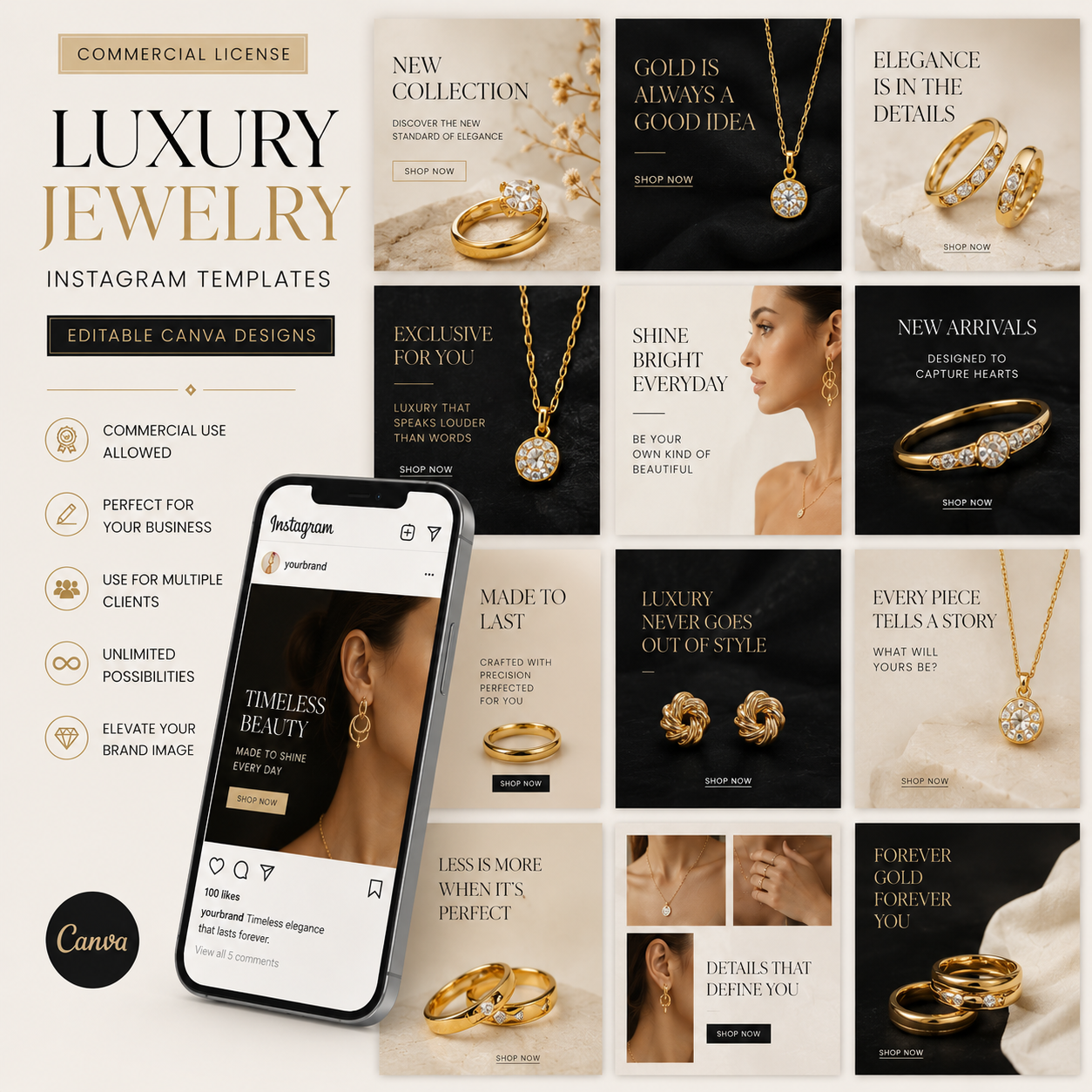 Luxury Jewelry Instagram Templates | Editable Canva Designs | Commercial License