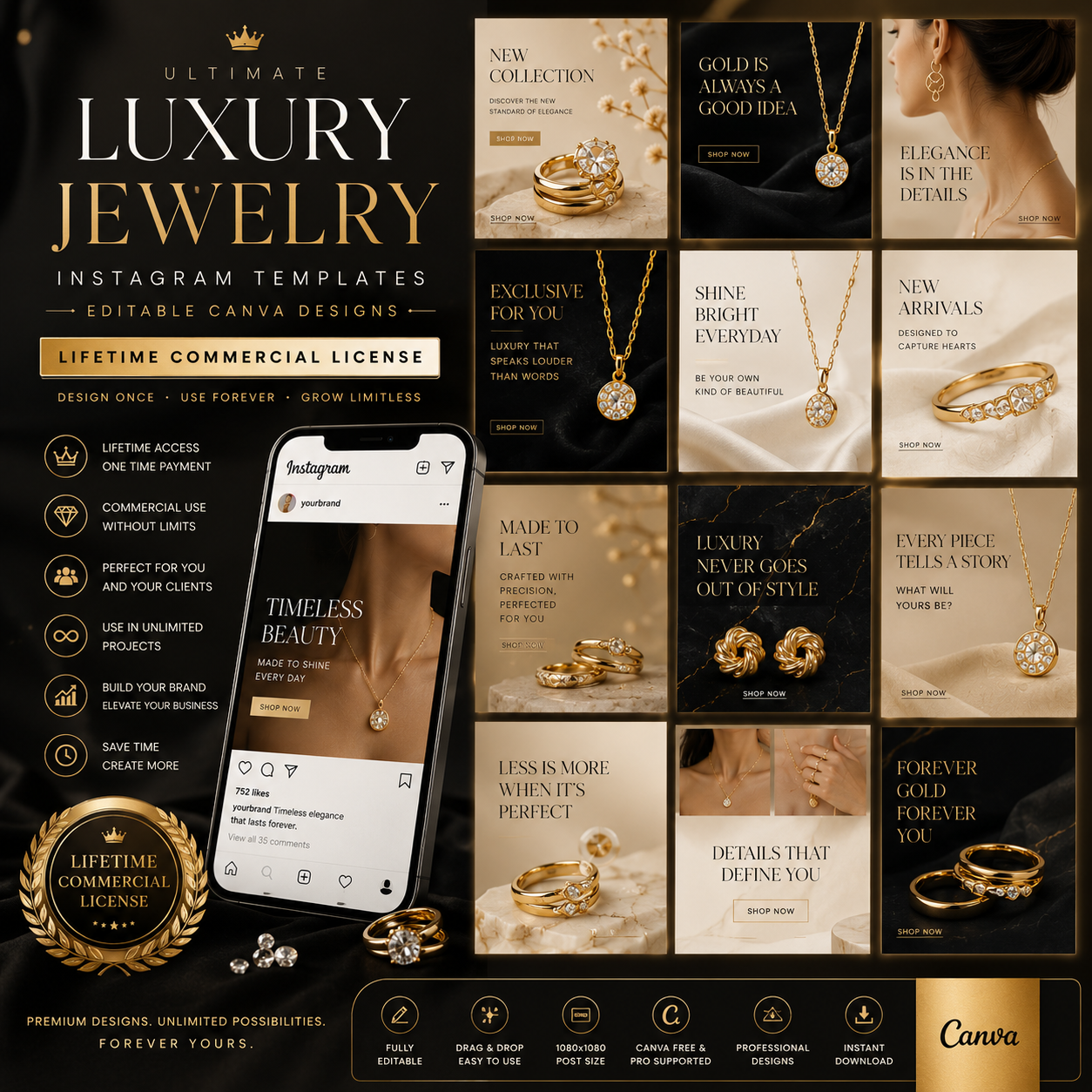 Luxury Jewelry Instagram Templates | Editable Canva Designs | Lifetime Commercial License